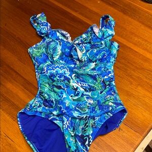 - Ralph Lauren Blue and Green One Piece Swimsuit with Wrap Neckline